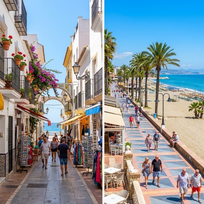 Vistas del Paseo Marítimo, las calles marineras y los apartamentos de La Carihuela en Torremolinos, Málaga